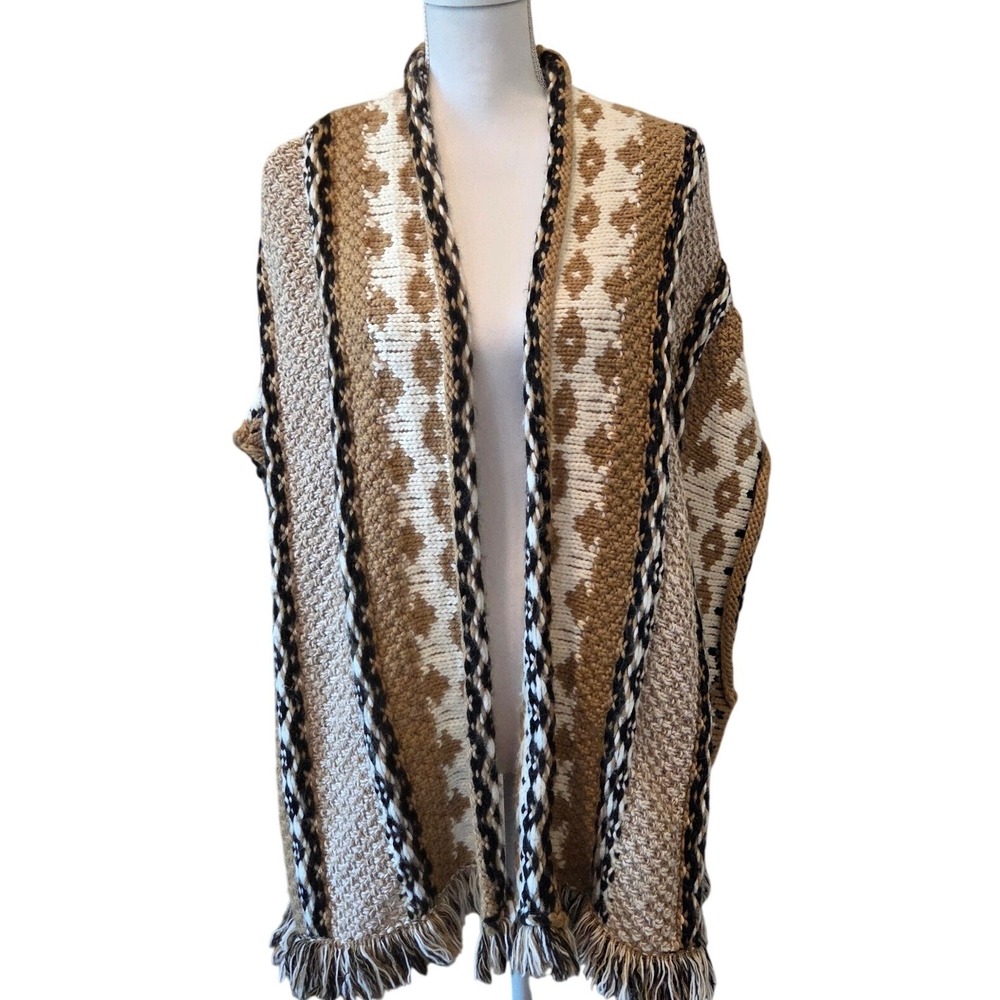 Cocogio Italy Wool Alpaca Blend Geometric Knit Fringe Poncho Wrap Tan Cream OSFA